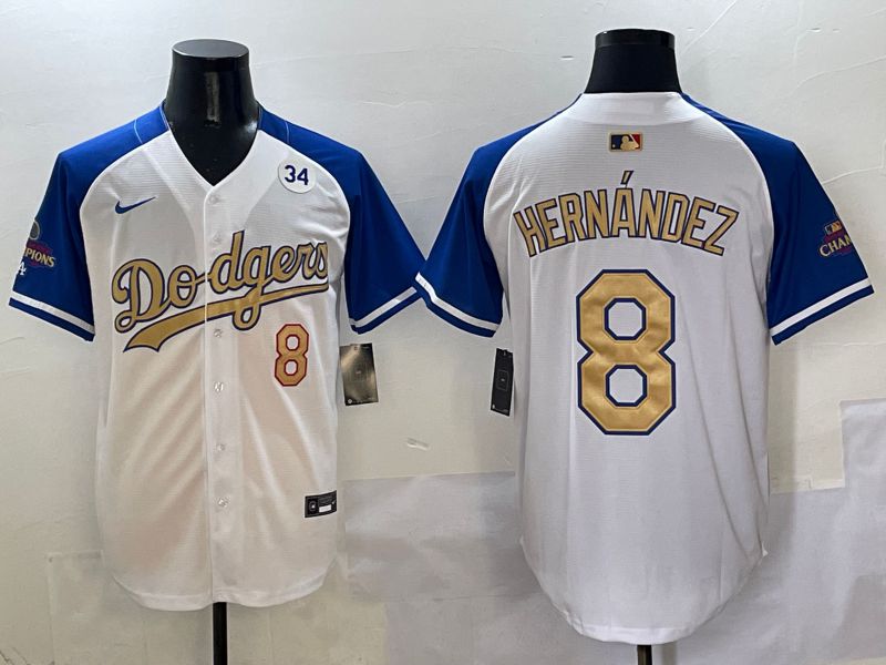 Men Los Angeles Dodgers 8 Hernandez White Blue Gold Game 2025 Nike MLB Jersey style 4